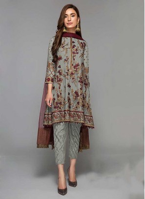 Grey Color Georgette Embroidered Pakistani Suit