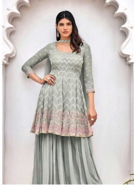 Grey Color Georgette Embroidered Palazzo Suit