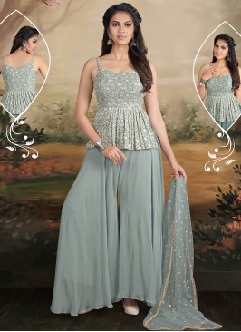 Grey Color Georgette Embroidered Palazzo Suit