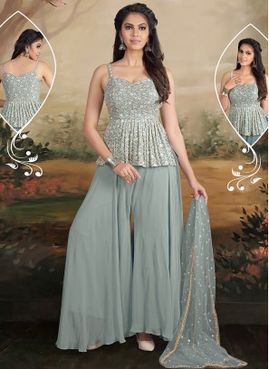 Grey Color Georgette Embroidered Palazzo Suit