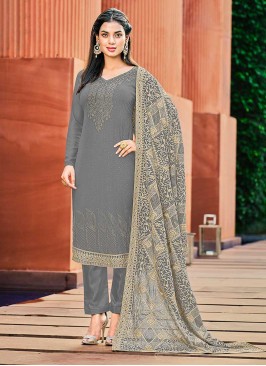 Grey Color Georgette Embroidered Salwar Suit