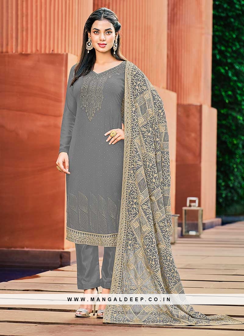 Grey Color Georgette Embroidered Salwar Suit