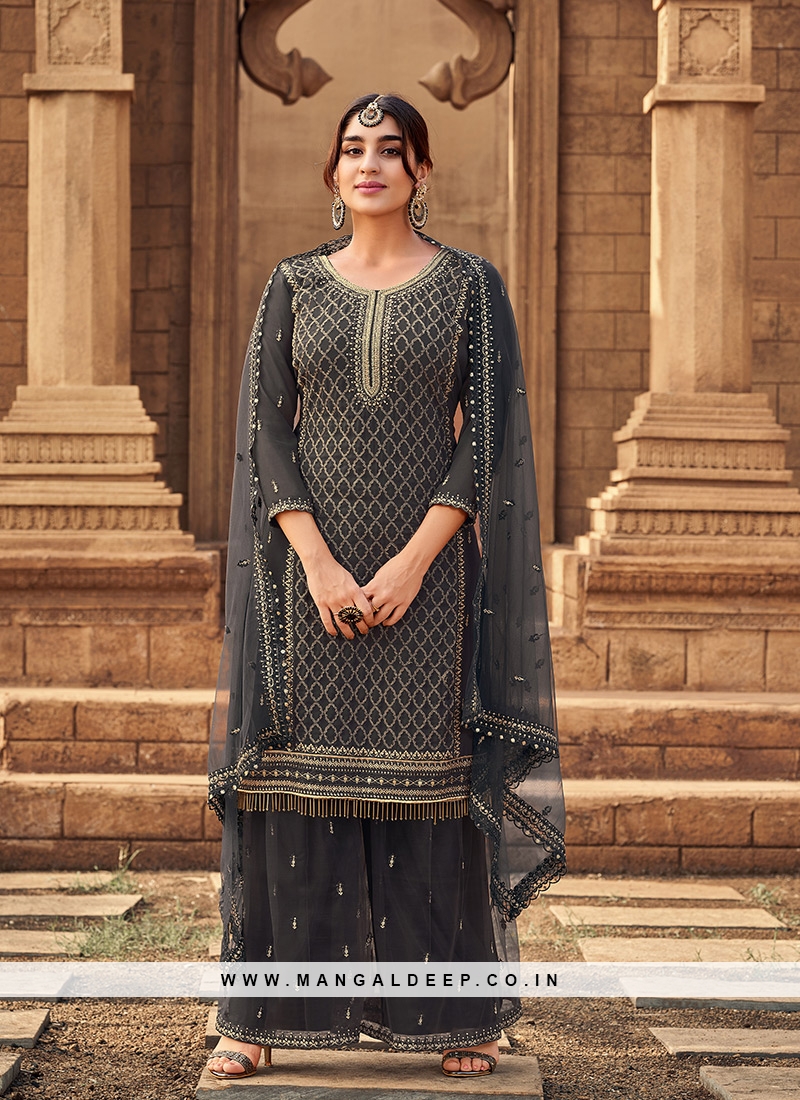 Grey Color Georgette Embroidered Sharara Dress