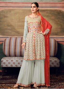 Grey Color Georgette Embroidered Sharara Dress