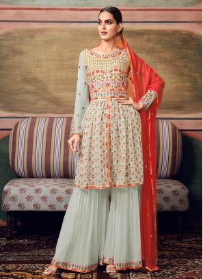 Grey Color Georgette Embroidered Sharara Dress