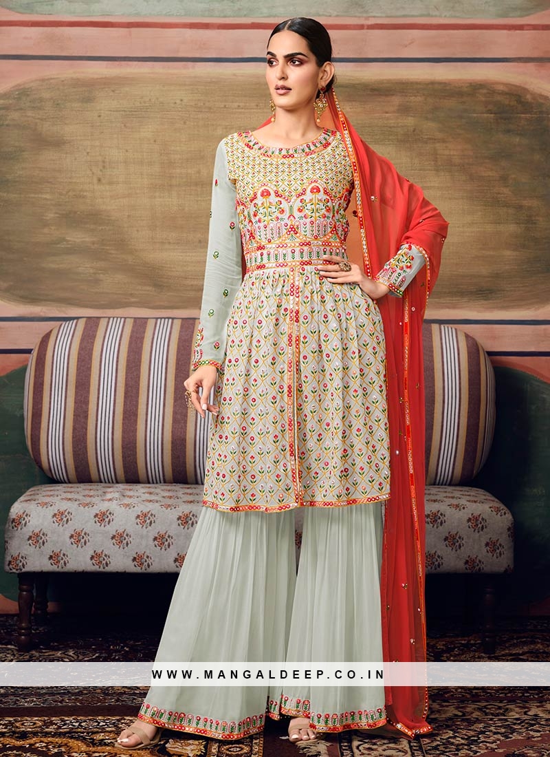 Grey Color Georgette Embroidered Sharara Dress