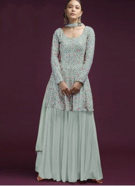 Grey Color Georgette Embroidered Sharara Suit