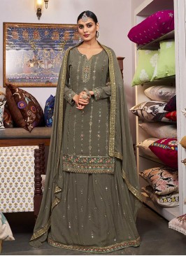 Grey Color Georgette Embroidered Suit With Lehenga