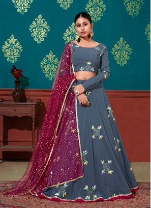 Grey Color Georgette Mehndi Wear Lehenga