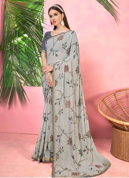 Grey Color Georgette Printed Saree