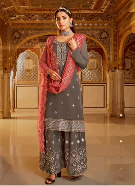 Grey Color Georgette Readymade Palazoo Suit