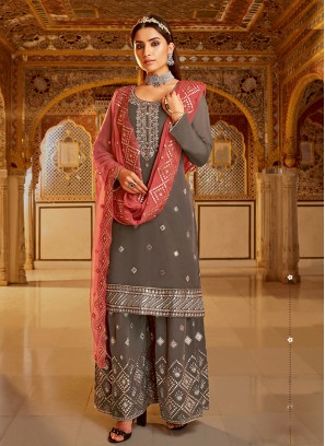 Grey Color Georgette Readymade Palazoo Suit