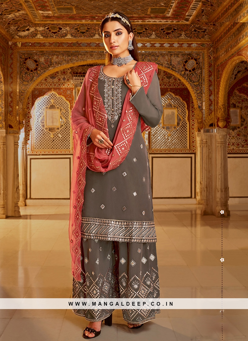 Grey Color Georgette Readymade Palazoo Suit