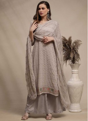 Grey Color Georgette Resham Work Dress Material