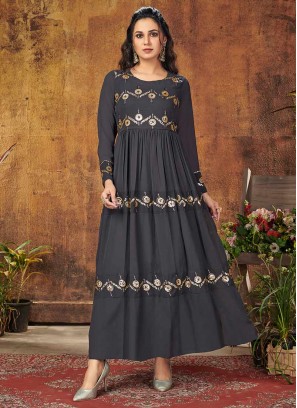Grey Color Georgette Sequins Work Gown