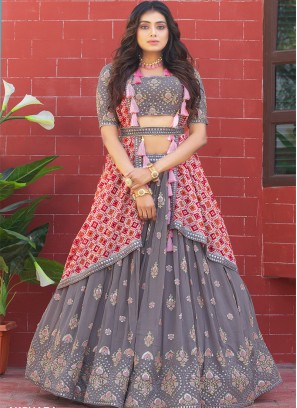 Grey Color Georgette Sequins Work Lehenga