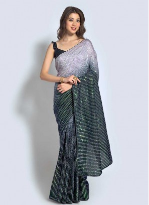 Grey Color Georgette Sequins Work Saree
