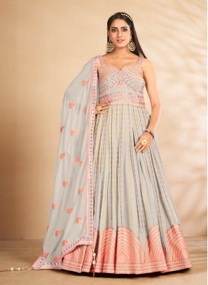 Grey Color Georgette Thread Work Floor Length Suit