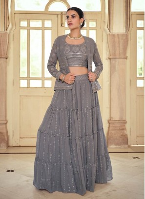 Grey Color Georgette Thread Work Lehenga With Jacket