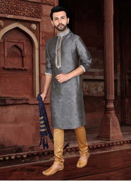 Grey Color Jacquard Kurta Payjama