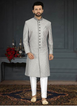 Grey Color Jacquard Silk Wedding Wear Sherwani