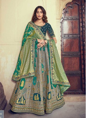 Grey Color Khatli Work Lehenga In Silk