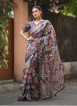 Grey Color Linen Kalamkari Printed Saree