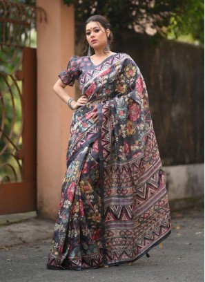 Grey Color Linen Kalamkari Printed Saree