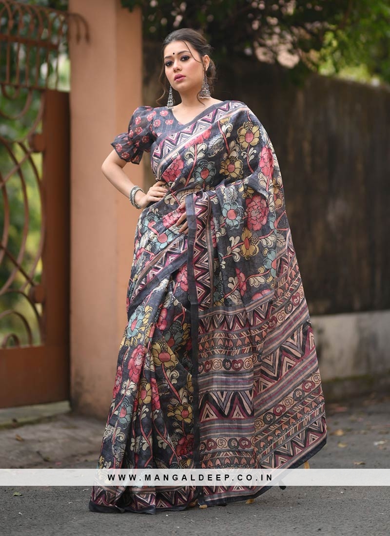 Grey Color Linen Kalamkari Printed Saree