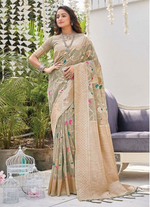 Grey Color Linen Wevon Saree For Women