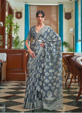 Grey Color Lucknowi Work Saree