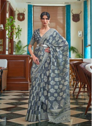 Grey Color Lucknowi Work Saree