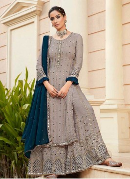 Grey Color Mirror Work Ladies Sharara Suit