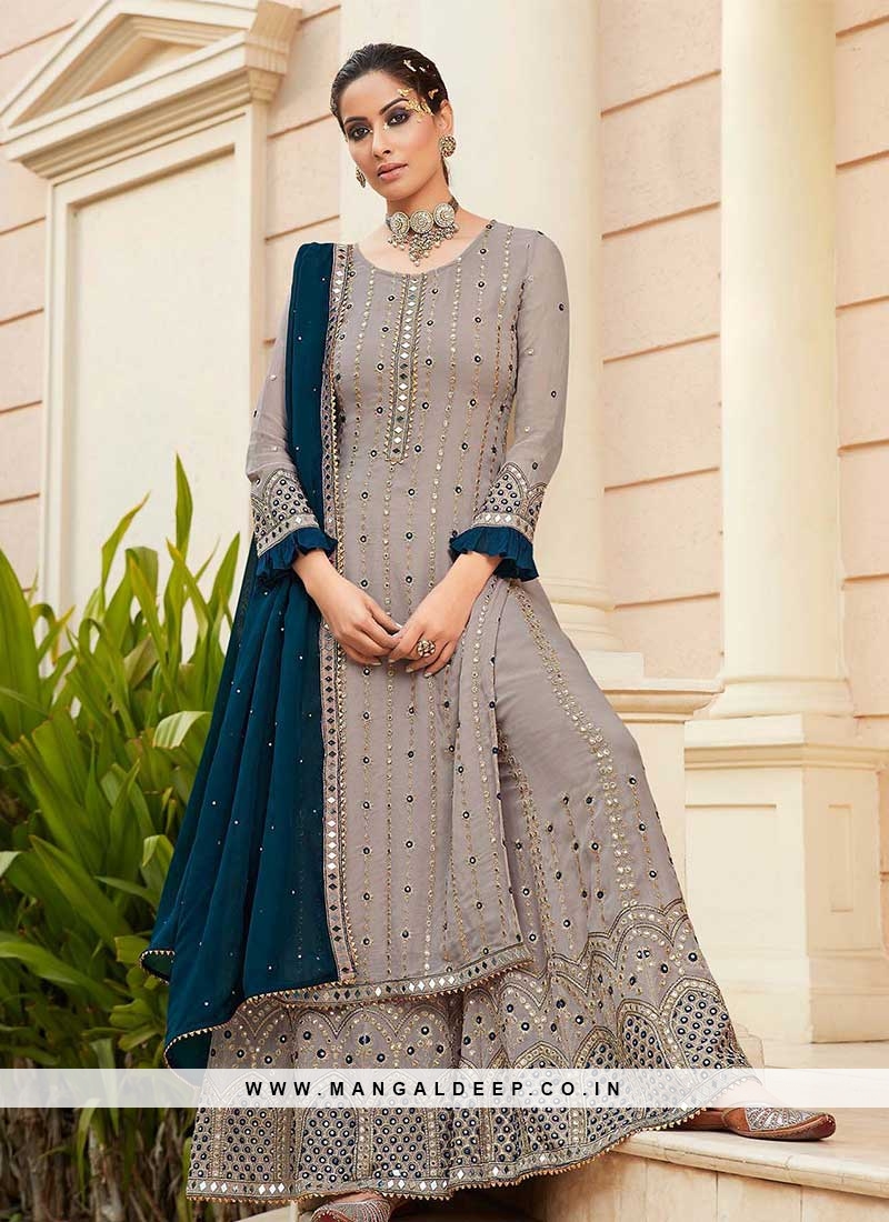 Grey Color Mirror Work Ladies Sharara Suit