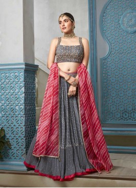 Grey Color Mirror Work Lehenga Choli