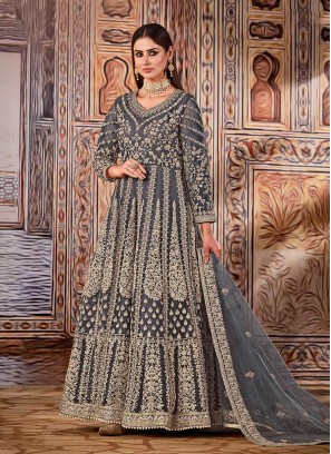 Grey Color Net Embroidered Anarkali Dress