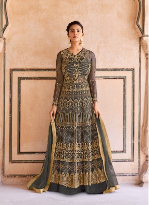 Grey Color Net Embroidered Gown