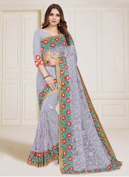 Grey Color Net Embroidered Saree