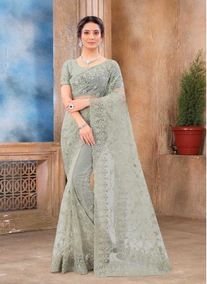 Grey Color Net Fancy Saree