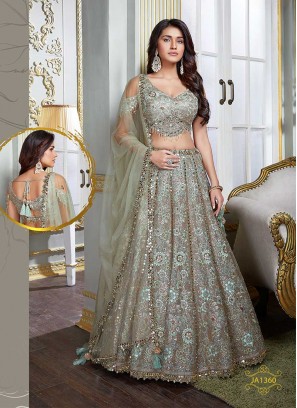 Grey Color Net Floral Design Lehenga