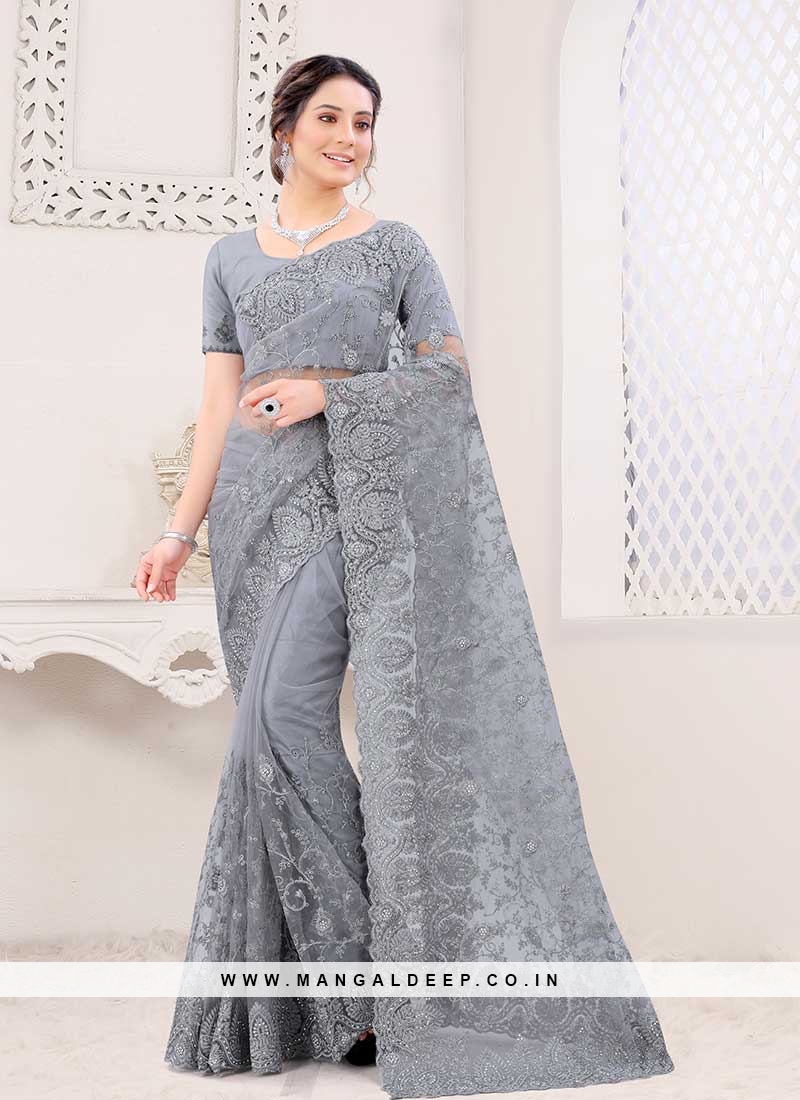 Grey Color Net Gorgeous Saree
