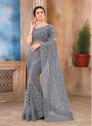 Grey Color Net New Saree