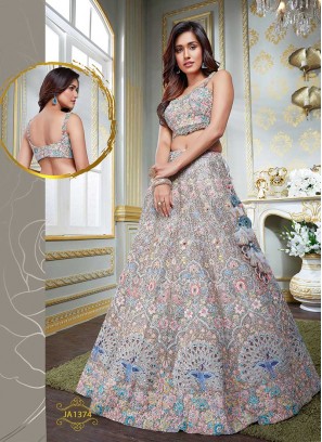 Grey Color Net Sequins Work Lehenga