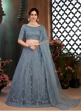 Grey Color Net Thread Embroidered Lehenga