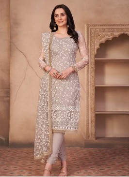 Grey Color Net Thread Work Straight Cut Suit