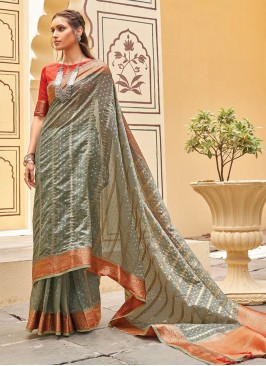 Grey Color Organza Festive Wear Saree