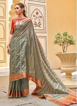 Grey Color Organza Festive Wear Saree