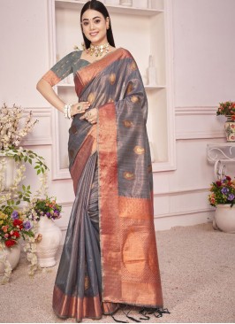 Grey Color Organza Festive Wear Saree