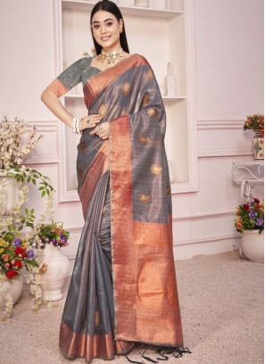 Grey Color Organza Festive Wear Saree