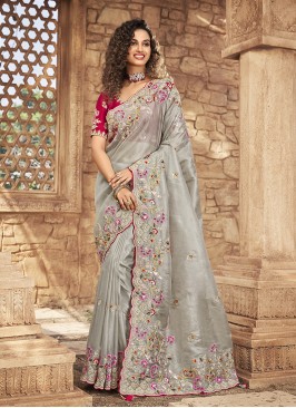 Grey Color Organza Heavy Work Saree